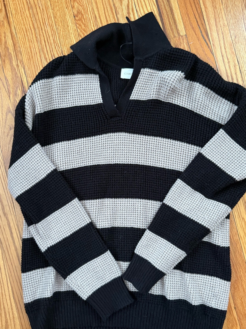 Cyrus Black and Gray Striped V-Neck Women's Sweater